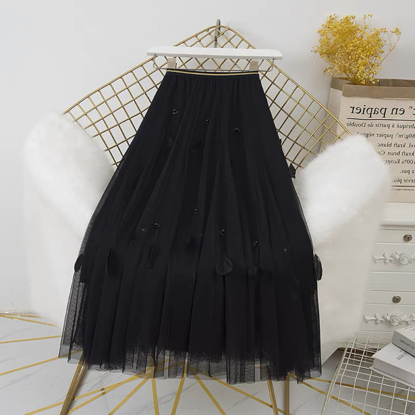 夏、春、秋、チュールスカート、ウエスト ゴム、チュールレース、スカート、ボトムス