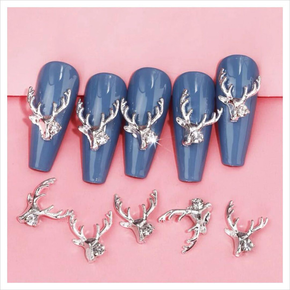 P329《2個》ネイルパーツ 鹿 トナカイ クリスマス シルバー 銀