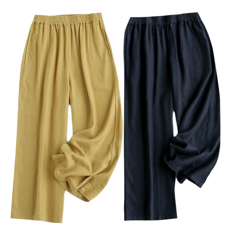 8分丈テンセル＊リネン混紡ワイドパンツ　柔らかく通気性良くワイドパンツ　ゴムウエスト　2色　M-XL　L429