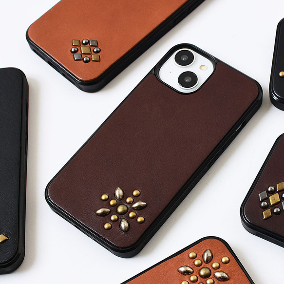 スマホケース 本革 iPhoneケース 「ソフトオイルレザー スタッズ