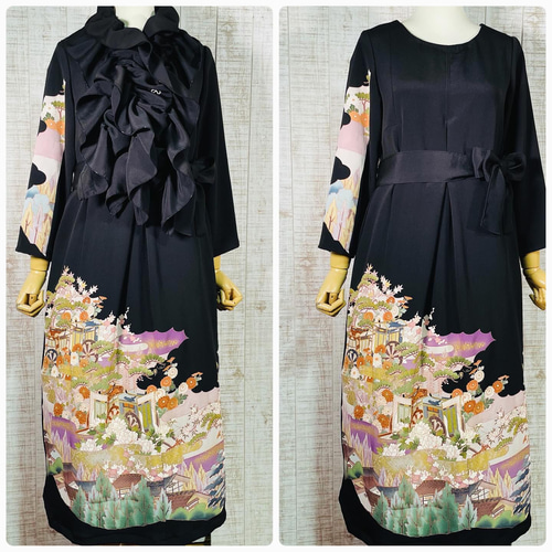 作家物＊松竹梅菊花いっぱい＆御所車柄正絹縮緬黒留袖ワンピースL  