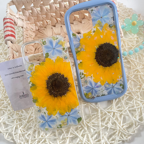 手鏡 花模様 向日葵 Madoleyaパウダーケース 鼈甲 向日葵と万華鏡紫陽花の押し花スマホケース 全機種対応/iphone/GALAXY