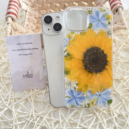向日葵と万華鏡紫陽花の押し花スマホケース 全機種対応/iphone/GALAXY