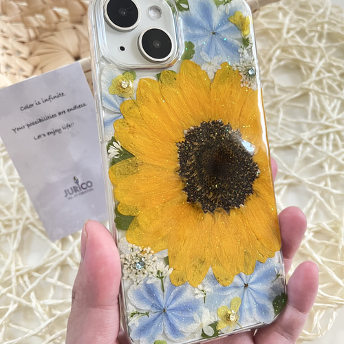 向日葵と万華鏡紫陽花の押し花スマホケース 全機種対応/iphone/GALAXY