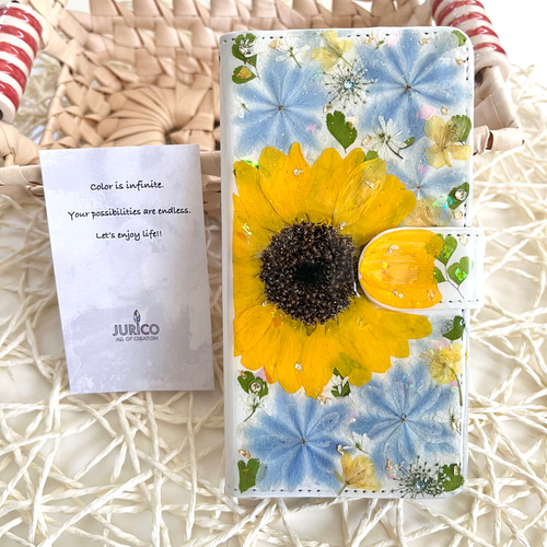 手鏡 花模様 向日葵 Madoleyaパウダーケース 鼈甲 向日葵と万華鏡紫陽花の押し花スマホケース 全機種対応/iphone/GALAXY