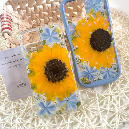 手鏡 花模様 向日葵 Madoleyaパウダーケース 鼈甲 向日葵と万華鏡紫陽花の押し花スマホケース ほぼ全機種対応/iphone