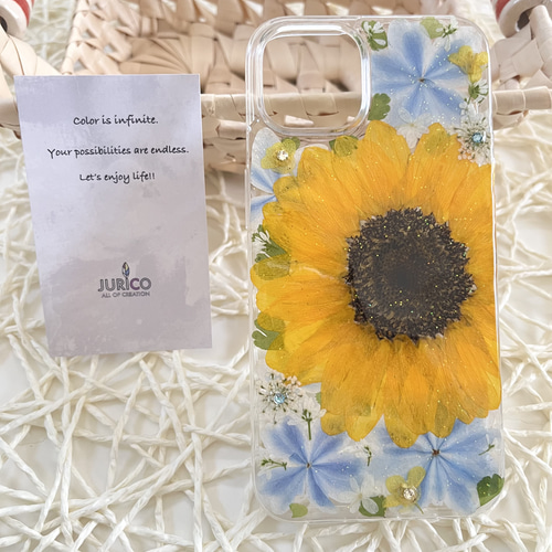 向日葵と万華鏡紫陽花の押し花スマホケース 全機種対応/iphone/GALAXY