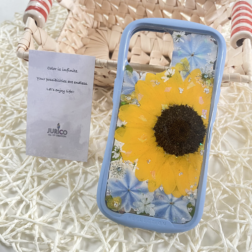 向日葵と万華鏡紫陽花の押し花スマホケース 全機種対応/iphone/GALAXY