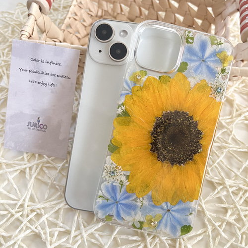 向日葵と万華鏡紫陽花の押し花スマホケース 全機種対応/iphone/GALAXY