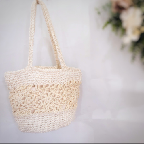 大人上品かごバッグ□即納□花咲く丸底麻紐バッグ カゴバッグ 白