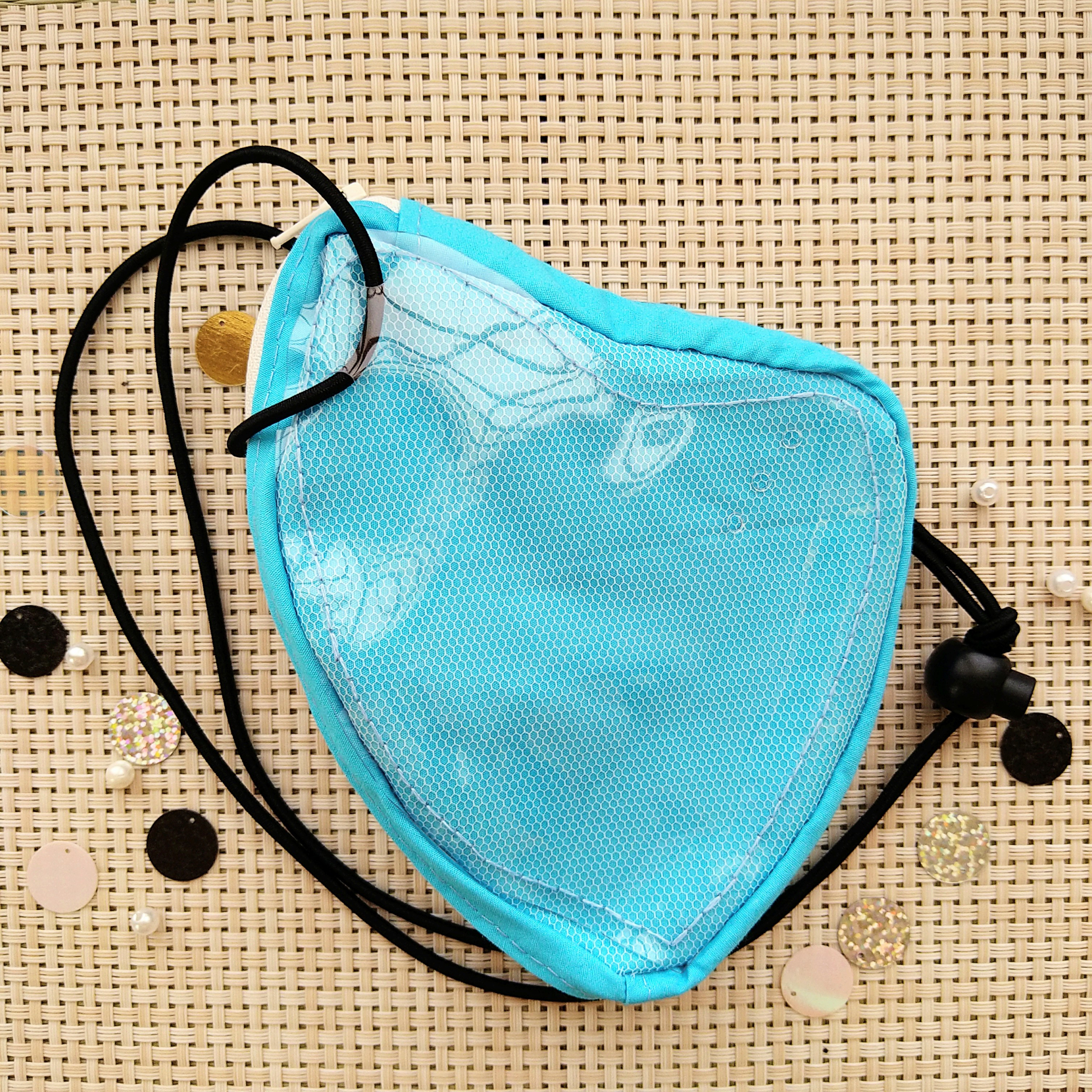 【送料込み】朝顔モチーフのPVC×メッシュマスク型夏ポーチ・水色