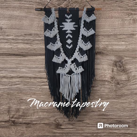 流木マクラメタペストリー☆オルテガ柄BLACK Macrame tapestry ♡オルテガ柄BLACK