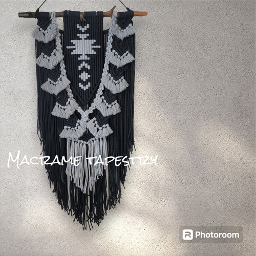 流木マクラメタペストリー☆オルテガ柄BLACK Macrame tapestry ♡オルテガ柄BLACK
