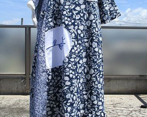 北欧風切り絵手書き風プリント アップリケ手刺繍 アシンメトリー裾  