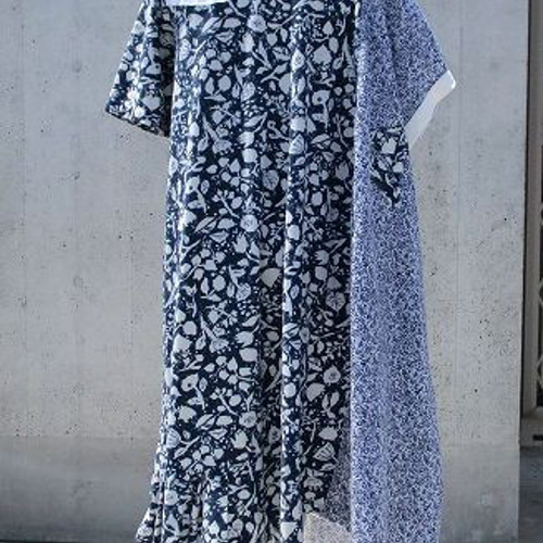 北欧風切り絵手書き風プリント アップリケ手刺繍 アシンメトリー裾  