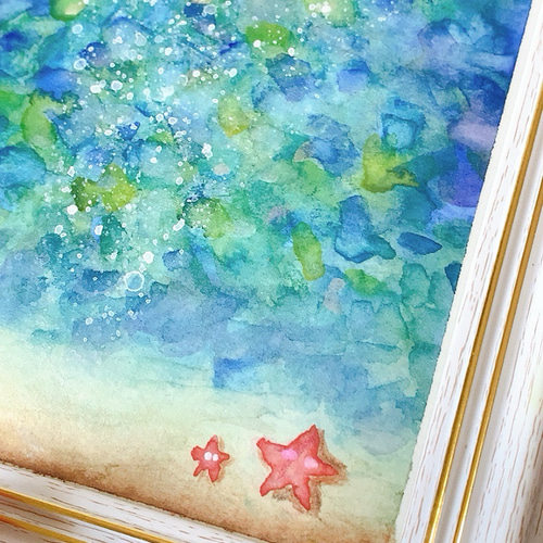 透明水彩画原画 一点物 NO1 きらきらうみのなか ヒトデのおやこ