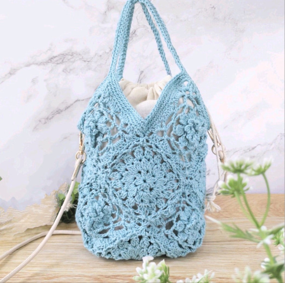 レース編み手提げ袋 水色 花咲くモチーフ編み 2wayポシェット〈ギフトにも〉EMIM Bloom