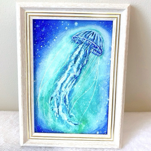 透明水彩画 一点物 原画No.11『ひんやりアイスクラゲ』涼しい絵