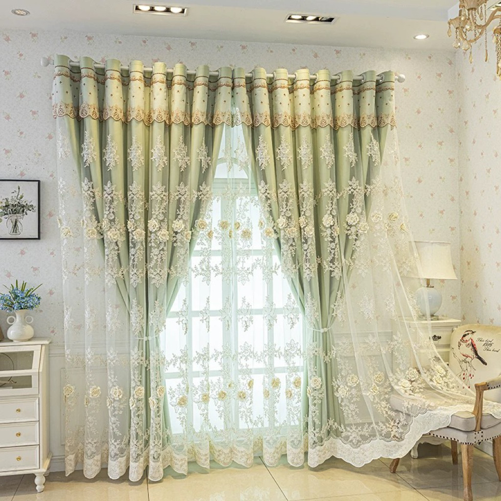 4枚入り　カーテン 遮光 レース　一体型カーテン　高級　おしゃれカーテン　UVカット　刺繍柄　レースカーテン　かわいい