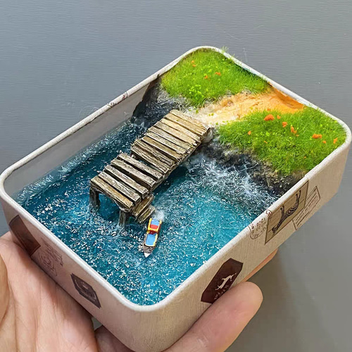 サバニ(舟)置物　ハンドメイド作品 ミニチュア海アート 橋と小舟の島風景 レジン置物 選べる5種 新築祝い