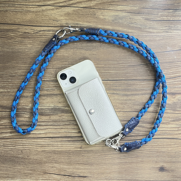 3Way 本革×パラコード スマホショルダーストラップ ネイビー＆ブルー