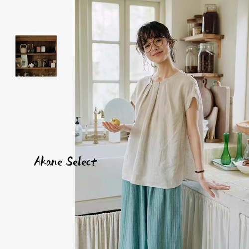美品 ルネ 日本製 リネン混 光沢感 フリル フレンチスリーヴ ブラウス 青 GLOBAL WORK（グローバルワーク）の「フレンチリネン混フリル