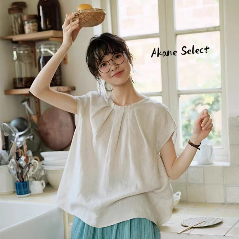 希少✨美品【ヌキテパ】コットン100%フレンチスリーブギャザーブラウス ブルー 希少✨美品【ヌキテパ】コットン100%フレンチスリーブギャザー