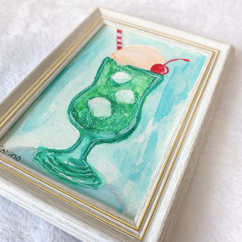 透明水彩画 一点物 原画 No.20 「シンプルなメロンクリームソーダ 額