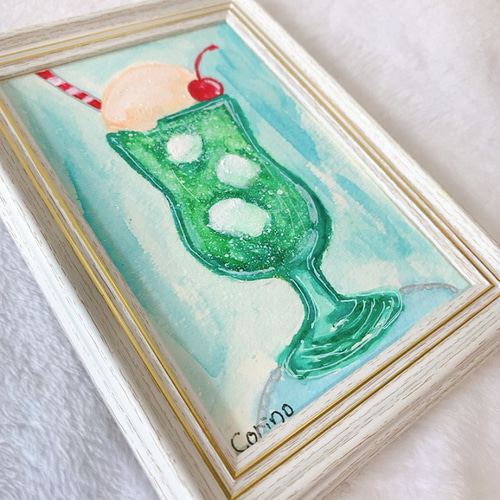 透明水彩画 一点物 原画 No.20 「シンプルなメロンクリームソーダ 額