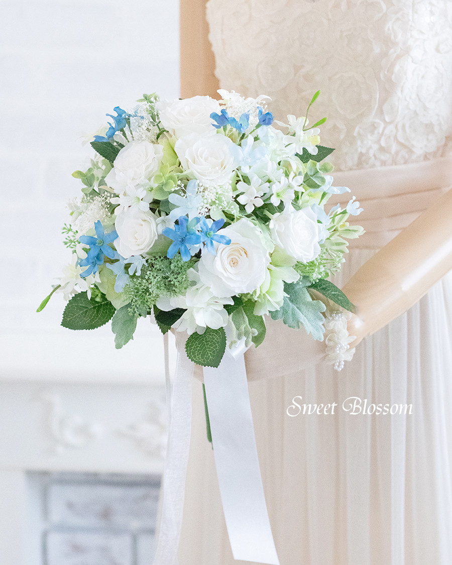 【オーダーメイド】プリザーブドフラワー　ホワイト＆ブルーのナチュラルブーケ＆ブートニア 16,060円