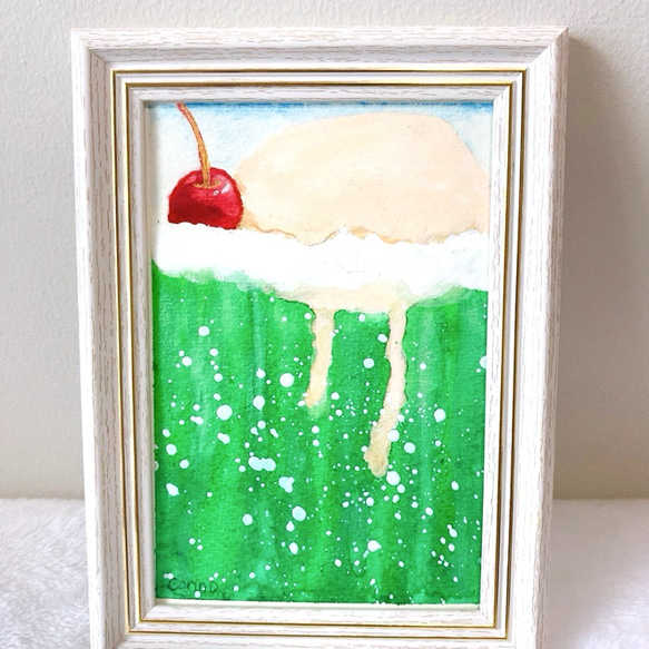 透明水彩画原画 No6溢れるメロンクリームソーダの海 額縁付き 絵画  