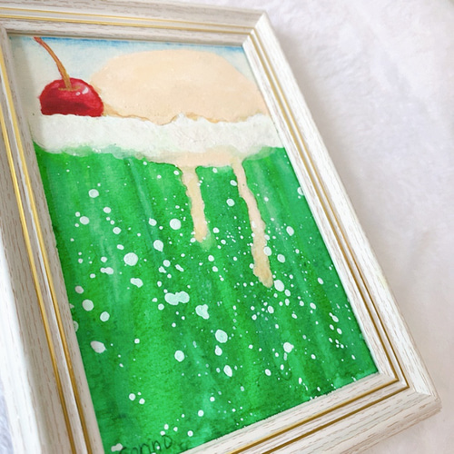 透明水彩画原画 No6溢れるメロンクリームソーダの海 額縁付き 絵画  