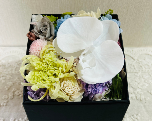 お供え 誕生日 和風BOXアレンジメント(胡蝶蘭) プリザーブドフラワー