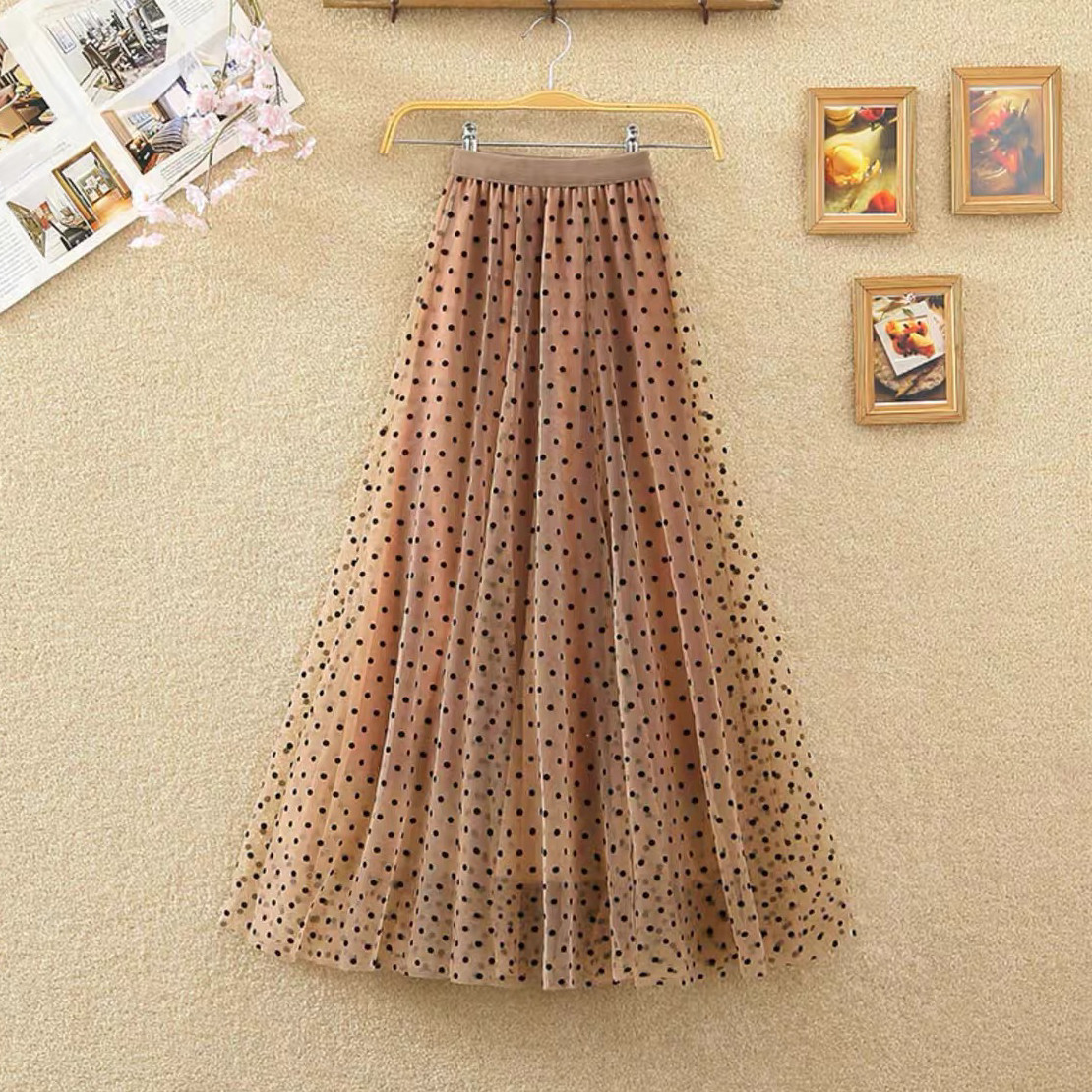 チュールスカート、 レディース、ウエストゴム、夏、春秋、ドット柄