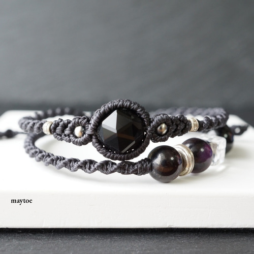 チベット産モリオン(黒水晶)＆スギライトの二重マクラメブレスレット