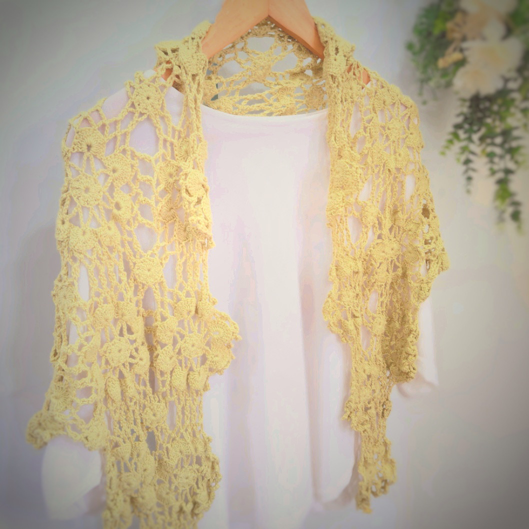 ◆春の超早割り2026◆花咲くモチーフ編み 2wayストールカーディガン コットン│EMIM Bloom│黄色 イエロー