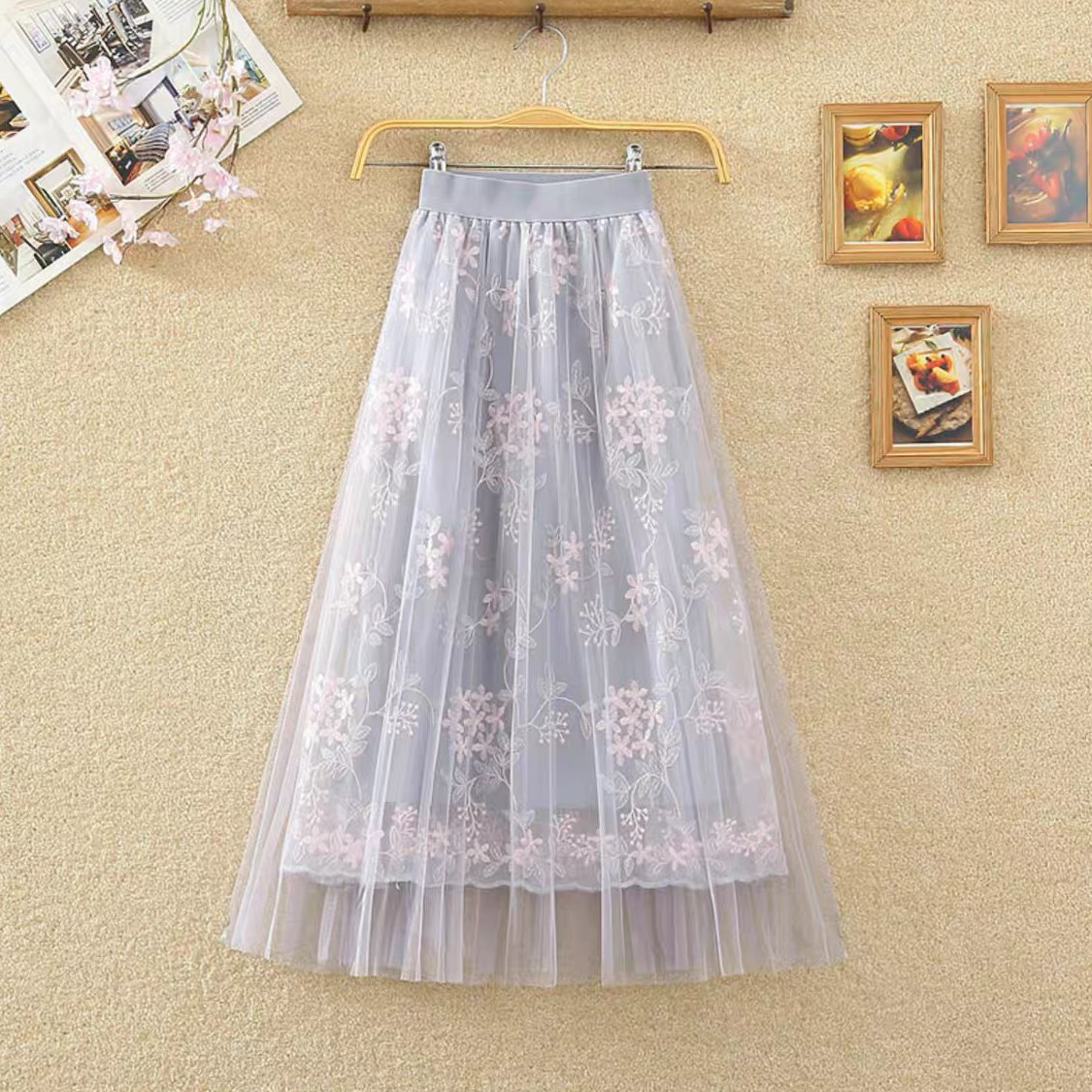チュールスカート、 レディース、ウエストゴム、夏、春秋、刺繍