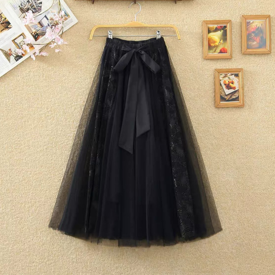 チュールスカート、 レディース、ウエストゴム、夏、春秋、刺繍