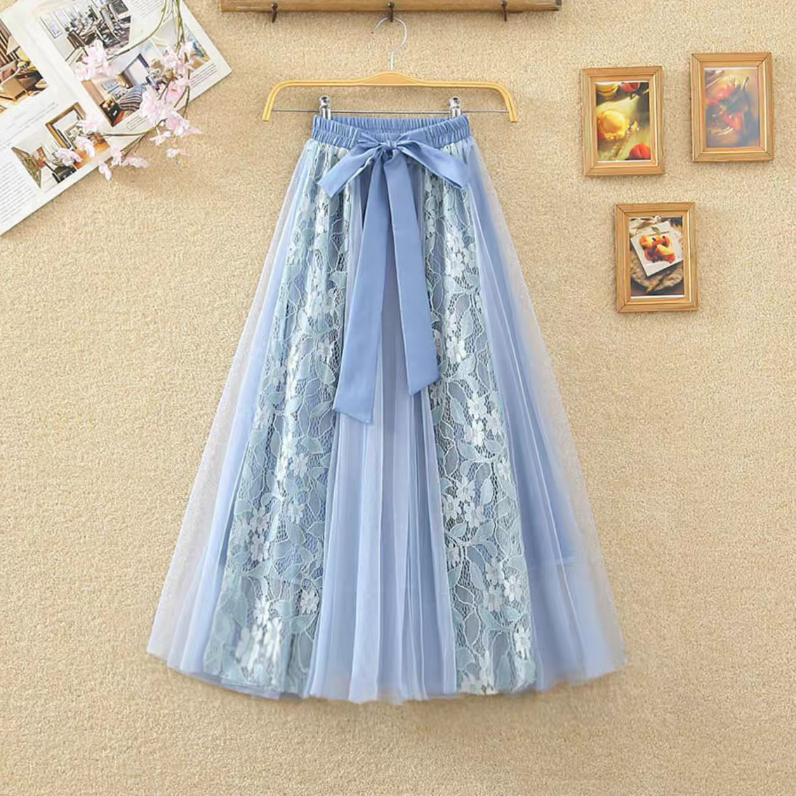 チュールスカート、 レディース、ウエストゴム、夏、春秋、刺繍