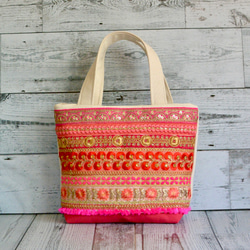 真夏カラーが個性的なインド刺繍リボンのトートバッグ【Sサイズ