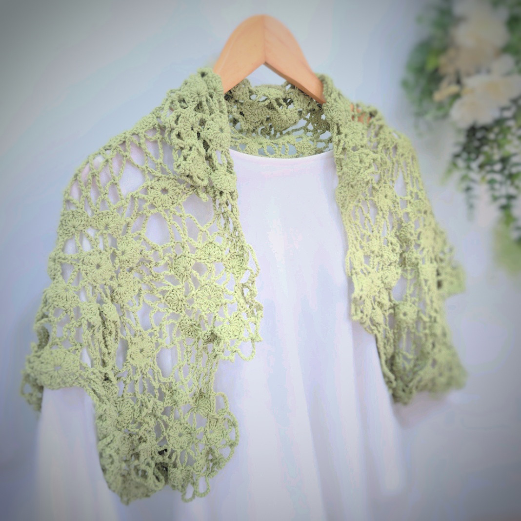 ◆春の超早割り2026◆花咲くモチーフ編み 2wayストールカーディガン コットン│EMIM Bloom│緑 グリーン