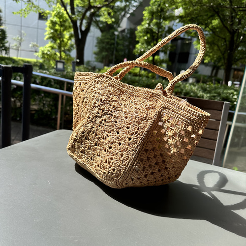 No.202 コットンラフィア模様編みバッグ・小サイズ かごバッグ