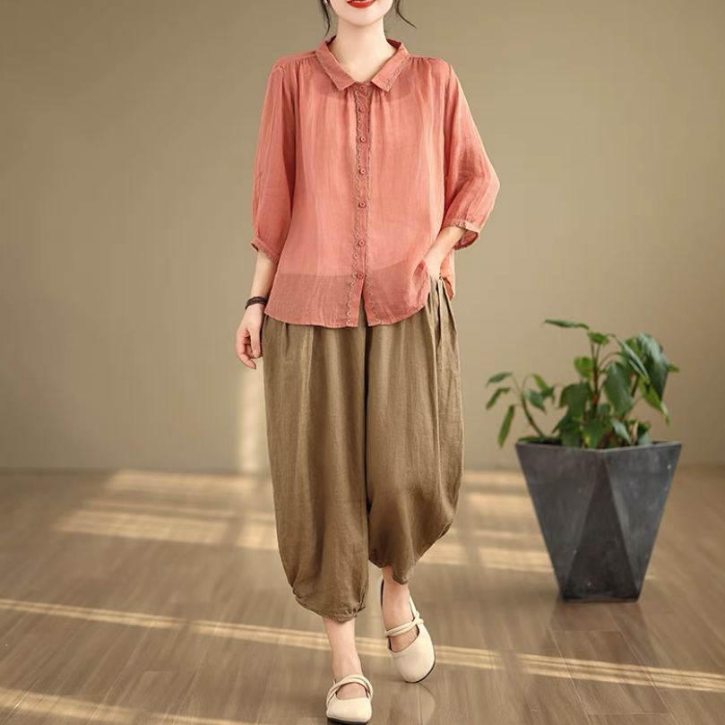 上下セット、綿麻セット、トップス、ボトムス、シャツ、パンツ、レディース 4,954円