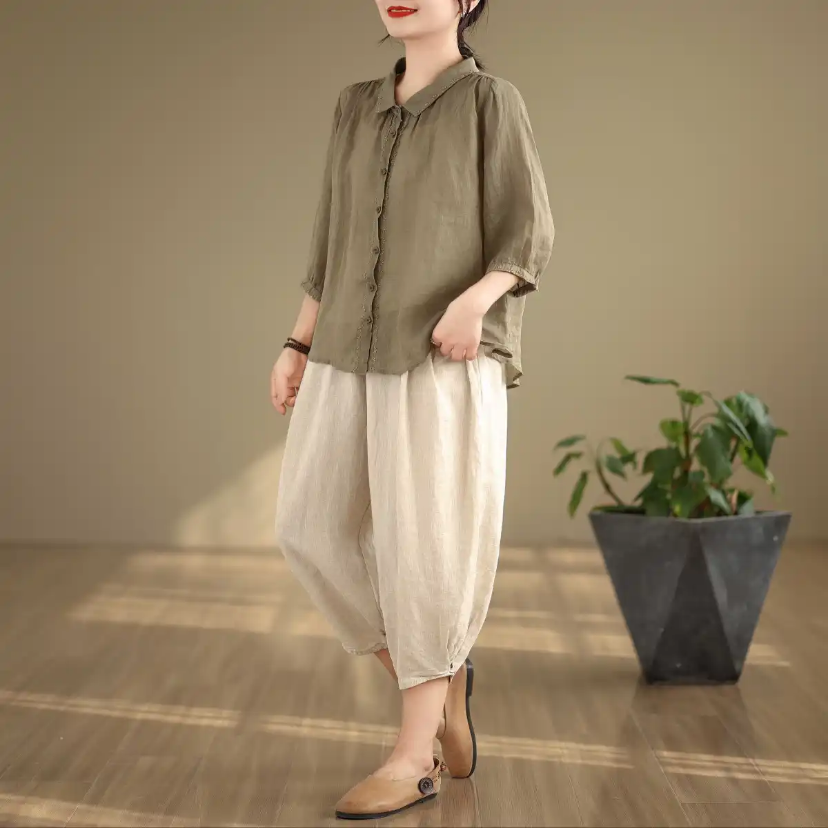 上下セット、綿麻セット、トップス、ボトムス、シャツ、パンツ、レディース