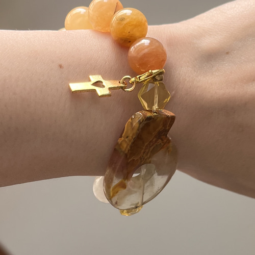 イエローカルサイト♡6アゲート♡シトリン♡クロスチャーム♡ブレス  