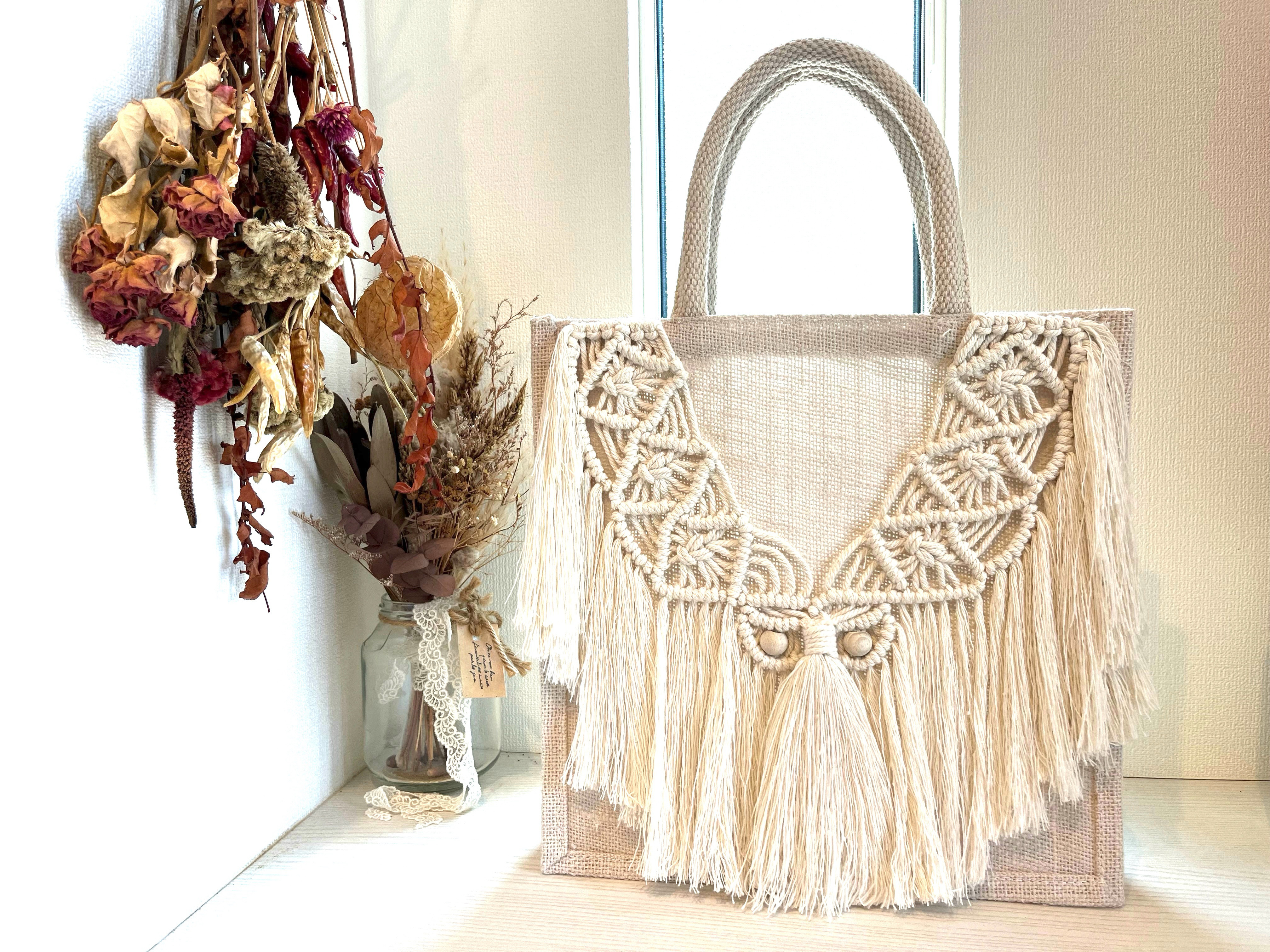 マクラメジュートbag マクラメジュートバッグWT 大 ハンドバッグ macrame＊soeru 通販