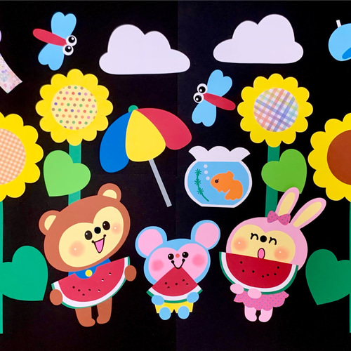 ♥A*B♡ひまわり飾り。ひまわりうさぎちゃん*♡可愛い七夕飾り*♡♥ 大きな壁面飾り☆ひまわり畑で虫とり☆くま うさぎ 夏 幼稚園