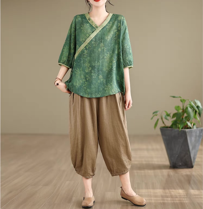 上下セット、綿麻セット、トップス、ボトムス、シャツ、パンツ、レディース