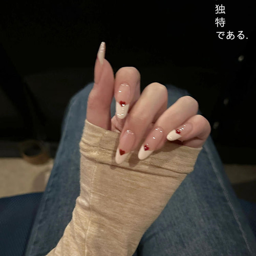 着用甲手作り手描きフレンチハートシンプル少女アーモンドネイル完成品