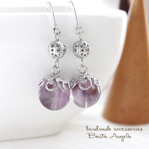 ◇◇天然石アメジストと透かし玉のピアス(p-048)S ピアス（フック  